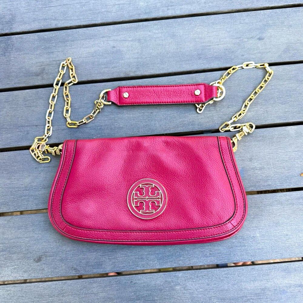 Tory Burch Amanda Red Pebbled Leather Chain Crossbody Shoulder Bag Gold Logo